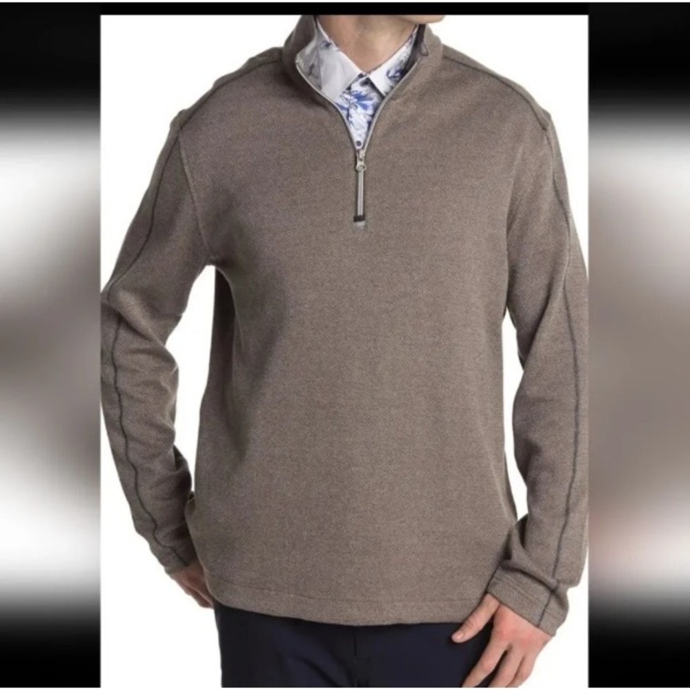 NWT Robert Graham Strasser Quarter-Zip Pullover Textured Camo Trim Taupe Large